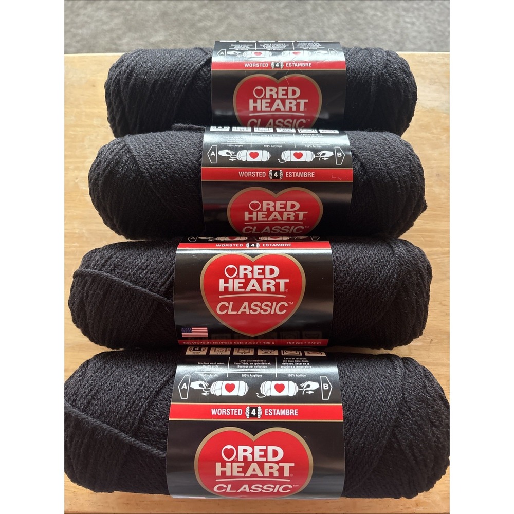 Red Heart Classic Black Acrylic Yarn E267 0012 Lot 4683 4 Skeins Medium 4 Ply